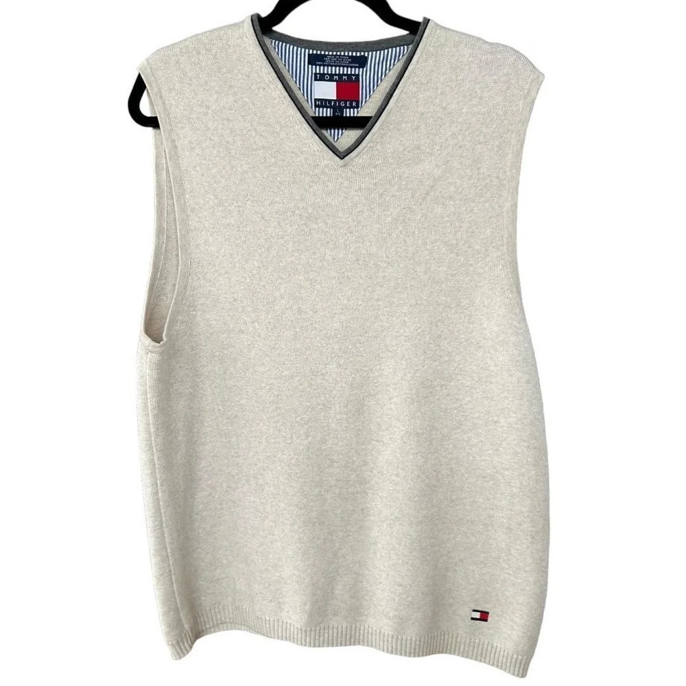 Tommy Hilfiger Men's Large 100% Cotton Heavyweight Cream Ribbed Pullover Vest